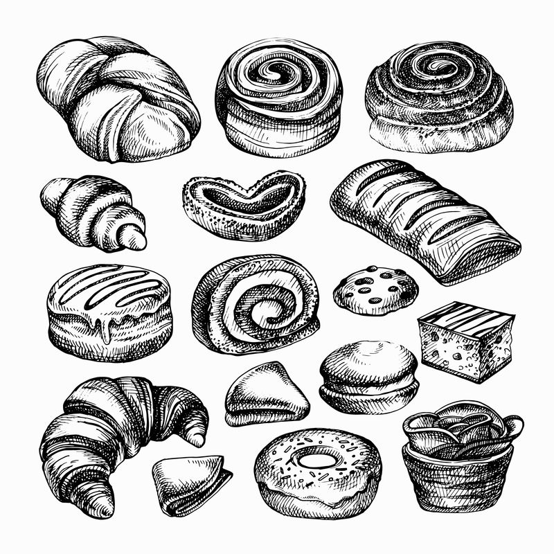 素描烘焙产品-各种面包卷-面包店面包雕刻插图