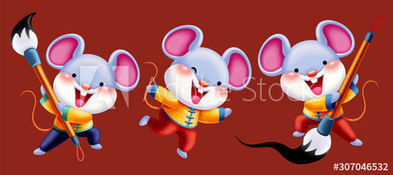 可爱的老鼠拿着民间服饰的书法画笔