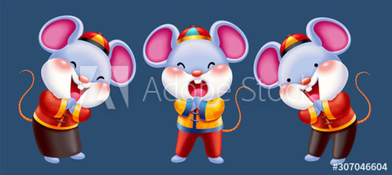 中国新年老鼠人物设计-可爱的老鼠在民间装束中做拳和掌敬礼