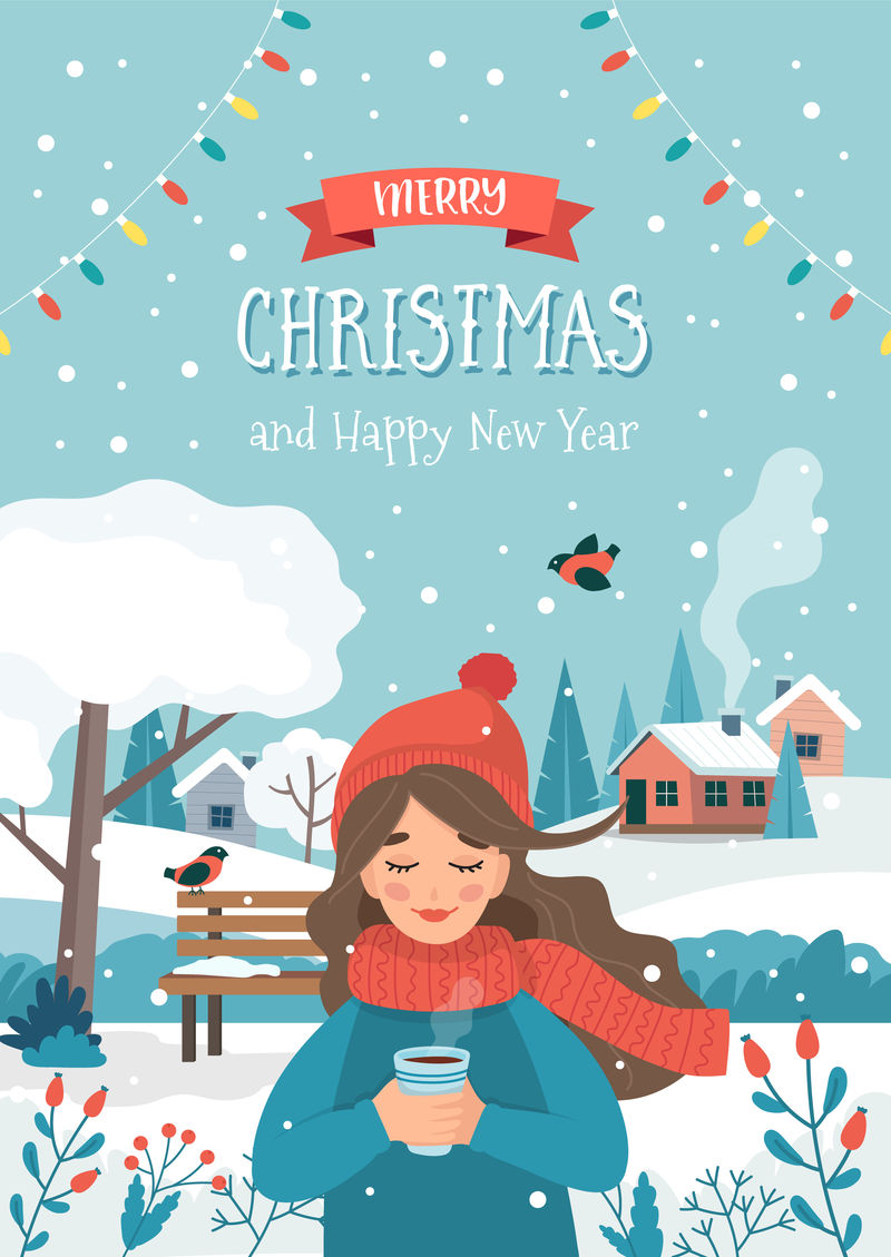 女孩端着杯子，伴着冬天的风景和雪花。圣诞贺卡模板。平面矢量图