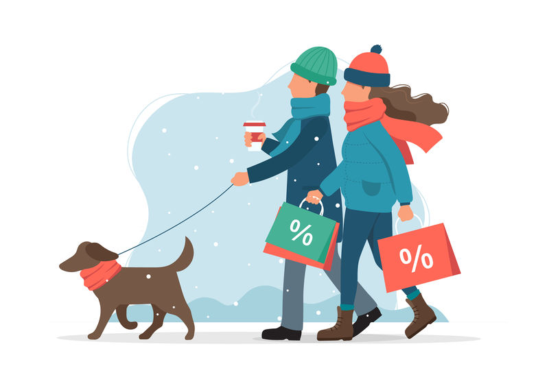 男人和女人拿着销售袋，在冬天遛狗。平面风格的可爱矢量插图。