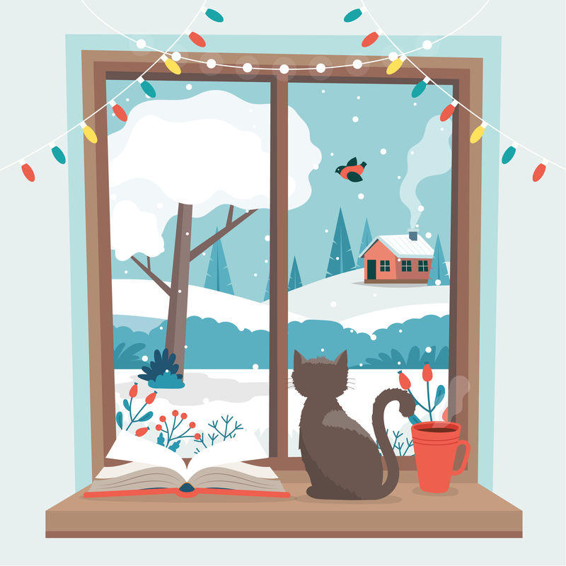 冬天的窗户，窗台上有一只猫，一本书和一个咖啡杯。平面风格的可爱舒适矢量插图
