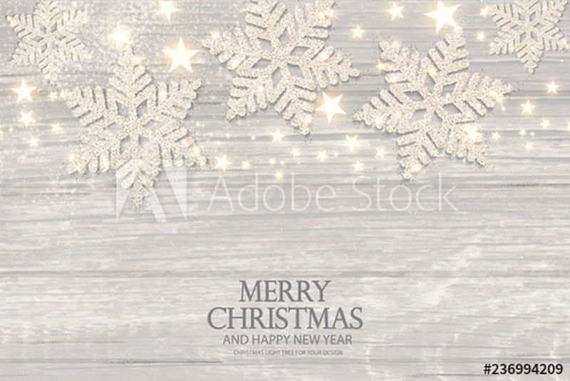圣诞快乐优雅的背景-银色雪花和星星的木质纹理-矢量图示