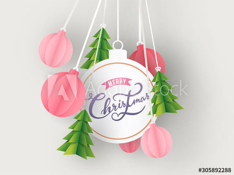 书法文本圣诞快乐在装饰性的形状框架与悬挂剪纸圣诞树和装饰球装饰在白色背景