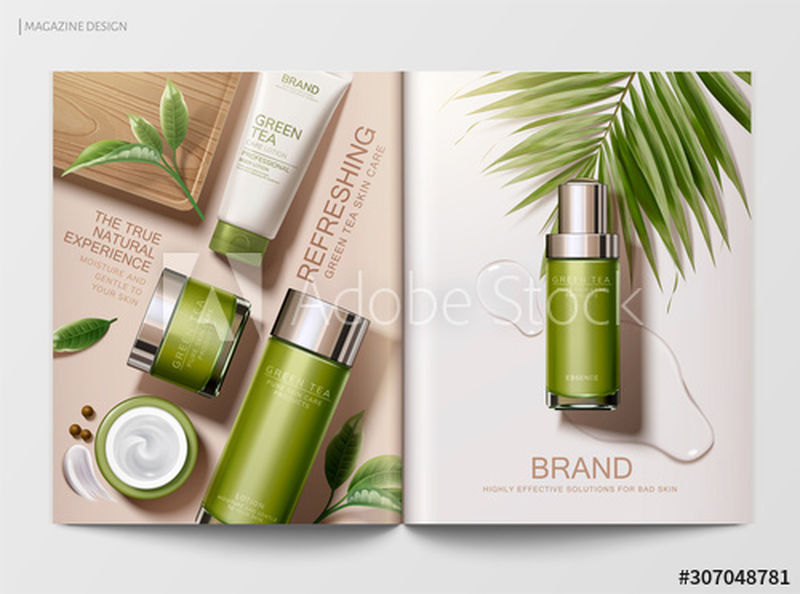 3d插画中具有平铺角度的清爽绿茶护肤品杂志模板