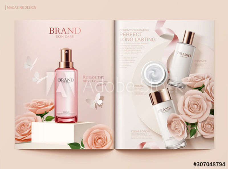 浪漫的护肤杂志模板-化妆品和漂亮的纸玫瑰装饰在三维插图中