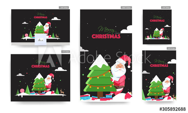 社交媒体海报和模板设计集-配有圣诞老人手持装饰圣诞树和黑色背景礼品盒的插图-以庆祝圣诞快乐