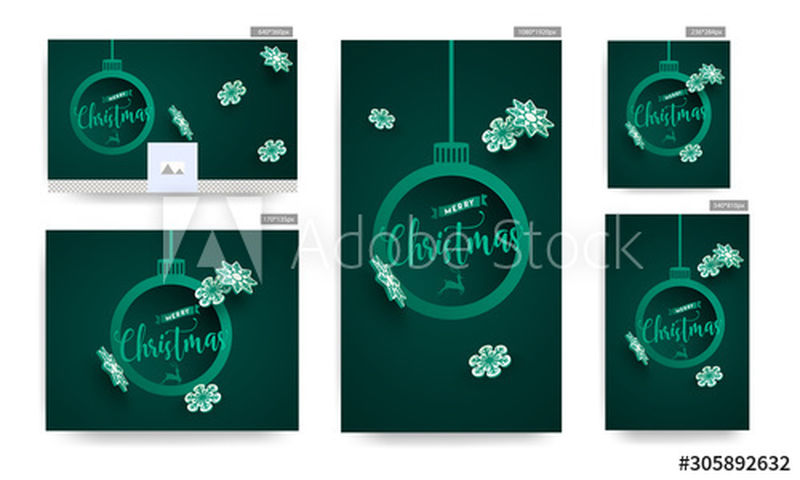 一套海报和模板设计-圣诞快乐文字悬挂在圣诞饰品形状框架和绿色背景上装饰的3d纸雪花