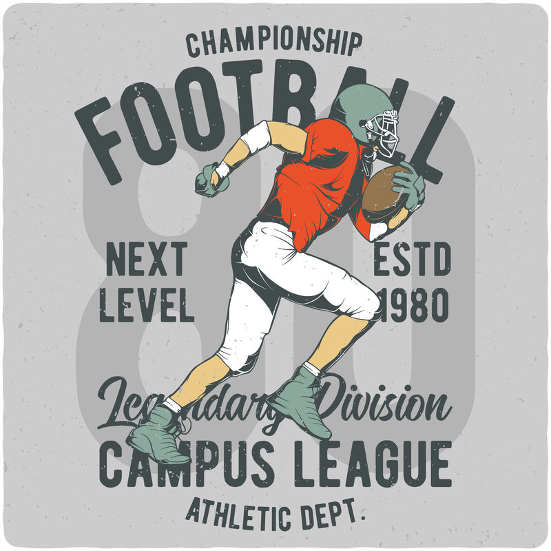 印有美国足球运动员的T恤或海报设计。用文字组成的插图。