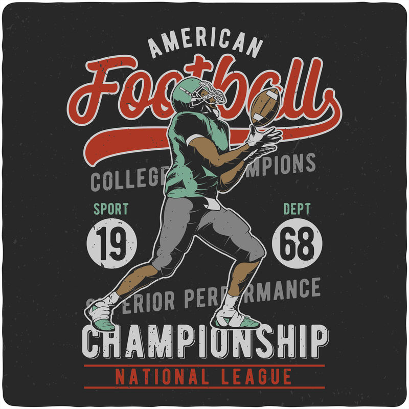 印有美国足球运动员的T恤或海报设计。用文字组成的插图。