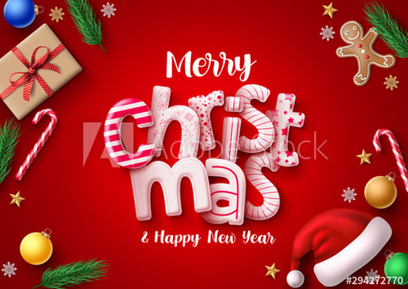 圣诞矢量贺卡横幅-圣诞快乐三维写实印刷在红色的空白空间-为文字和信息与圣诞帽-圣诞礼物-甜甘蔗糖和姜饼饼干装饰