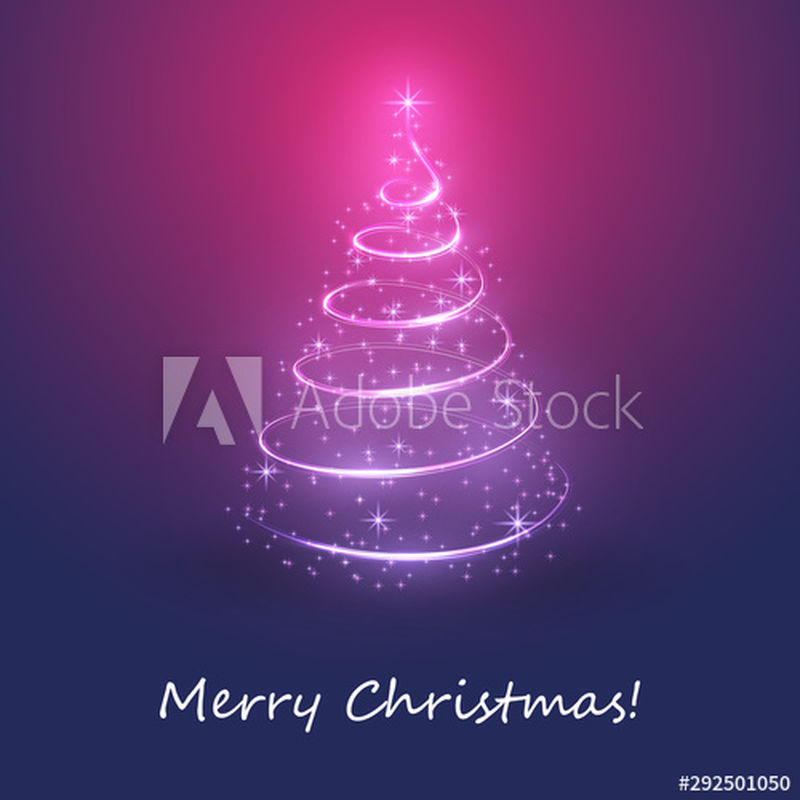 圣诞快乐-节日快乐卡-圣诞树形状由明亮的螺旋光制成-背景为深蓝色、紫色和红色
