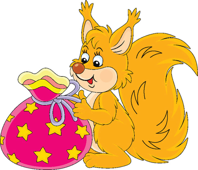 快乐友好的笑脸红松鼠拿着一个漂亮的包和节日礼物-矢量卡通插图