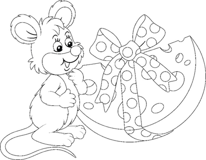 快乐友好的微笑小老鼠-一个又大又美味的节日礼物奶酪-黑白矢量卡通插图为一本彩色书籍