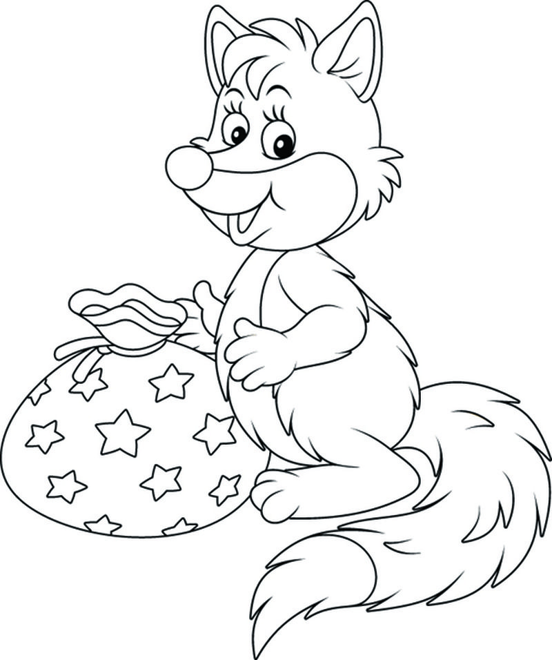 快乐友好的笑脸松鼠拿着一个漂亮的包和节日礼物-黑白矢量卡通插图为一本彩色书