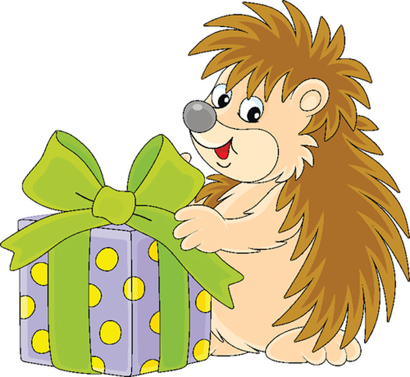 快乐友好的微笑小刺猬拿着一个漂亮的盒子和节日礼物-矢量卡通插图