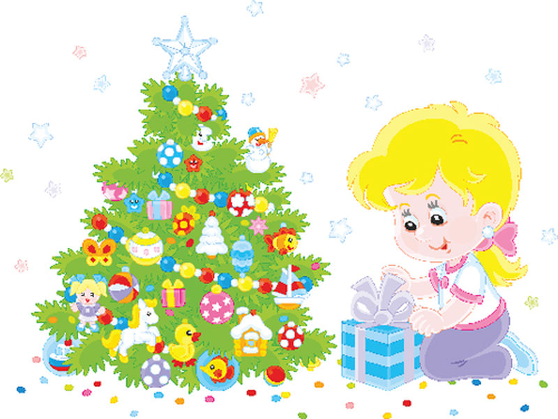 小女孩带着节日礼物在装饰华丽的圣诞树旁