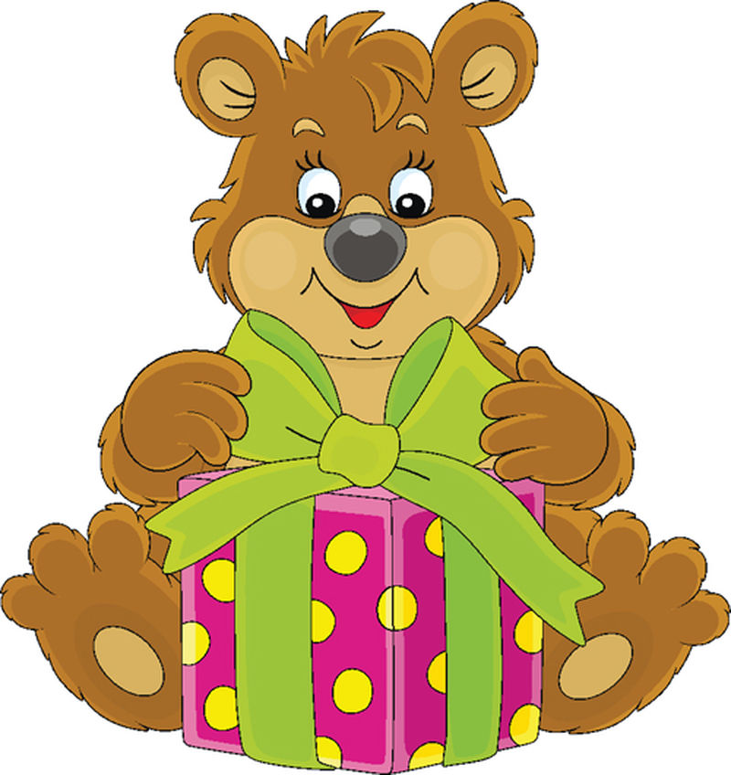 快乐友好的微笑小棕熊和一个带节日礼物的漂亮盒子-矢量卡通插图
