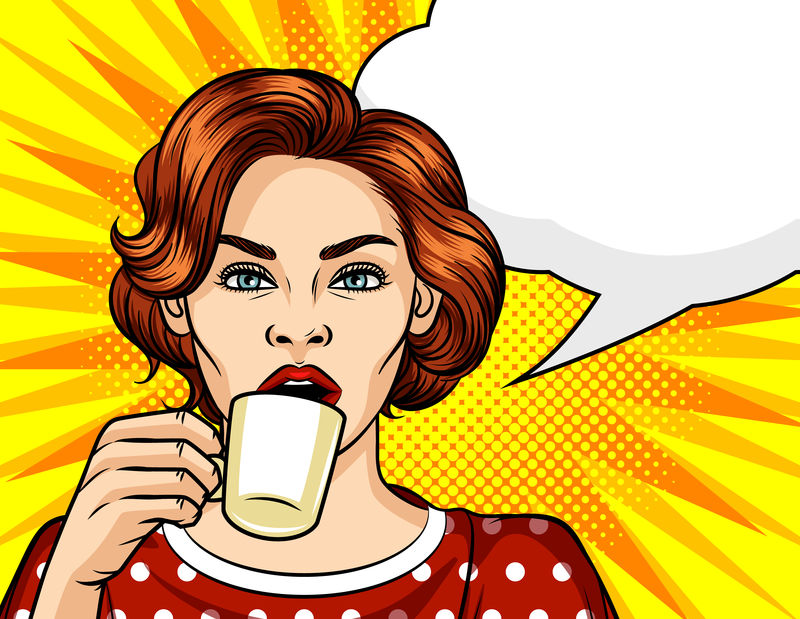 漫画风格的波普艺术插图中的颜色向量，一个女孩拿着一杯咖啡。喝咖啡的美女。棕色头发，蓝眼睛，手里拿着一个杯子，背景上有点斑点