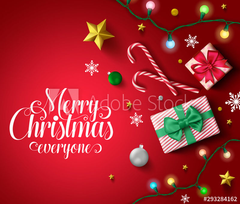 红色背景模板中的圣诞向量-圣诞快乐每个人都在红色的空白处排版文字和信息-里面有礼物、甘蔗糖、灯、球、雪花和金星
