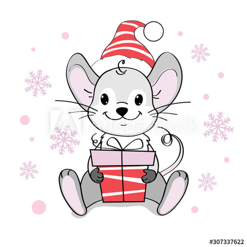 漂亮有趣的小老鼠拿着一个白色背景的红色礼物-2020年标志