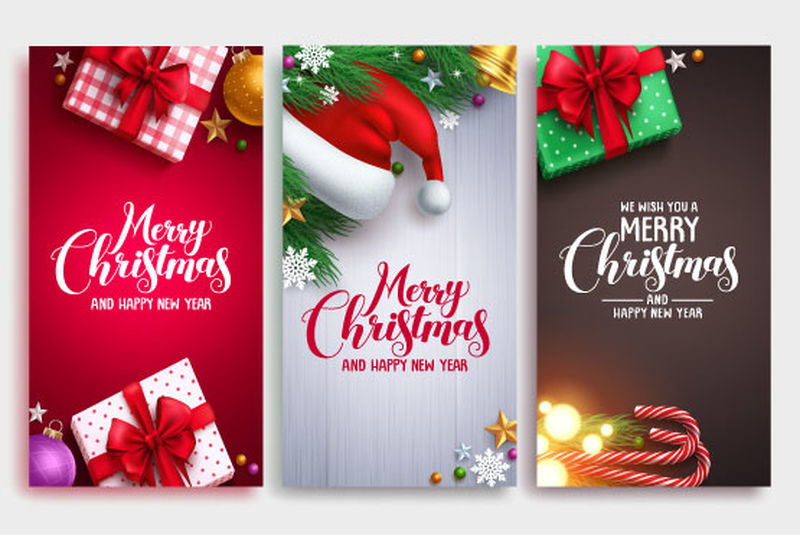 请柬圣诞快乐派对海报横幅和红底贺卡设计模板-节日快乐-新年礼品盒主题概念