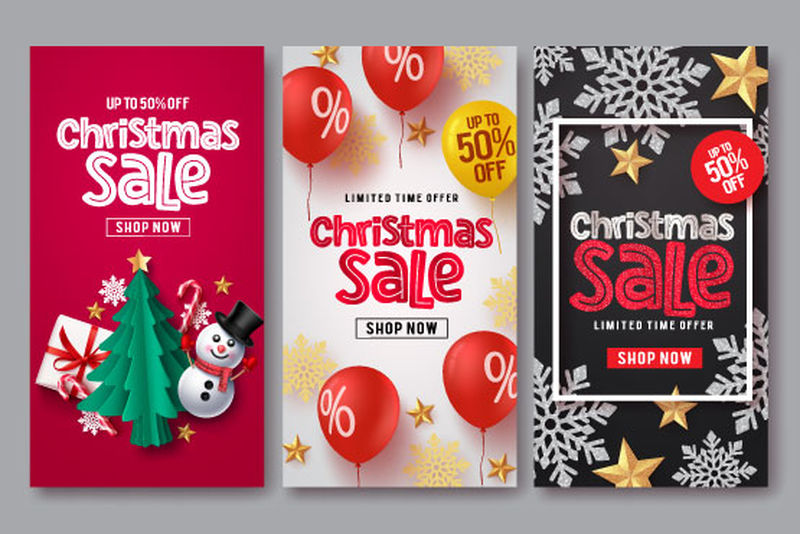 圣诞节销售矢量横幅和海报模板集-圣诞促销文字-以红色、白色、黑色为背景-包含礼物、雪人、圣诞树、甘蔗糖、气球、雪花和星星等丰富多彩的元素