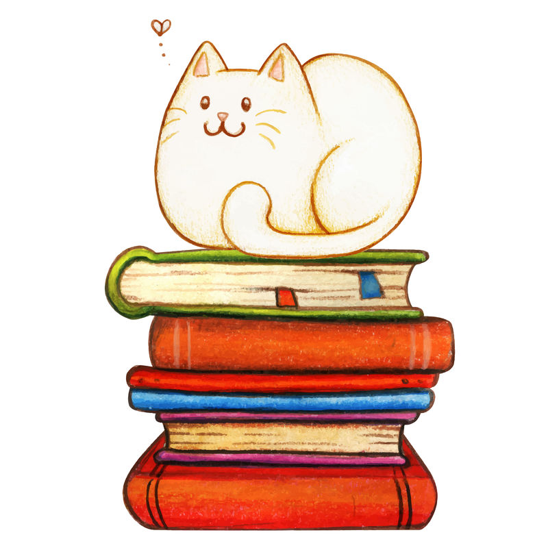 水彩白猫在一堆书上看着苍蝇