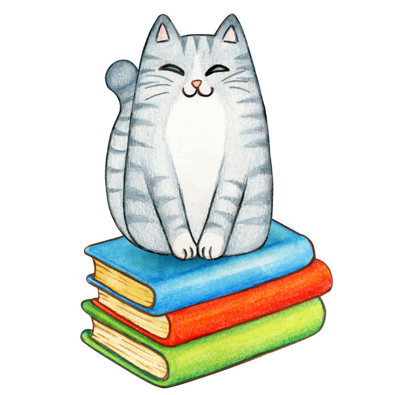 一堆书上的水彩画可爱的灰斑猫