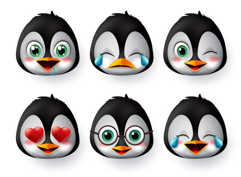 表情符号或表情企鹅脸向量集-企鹅表情动物脸上带有爱-哭-笑-可爱和饥饿的面部表情特征隔离在白色背景下-矢量图解