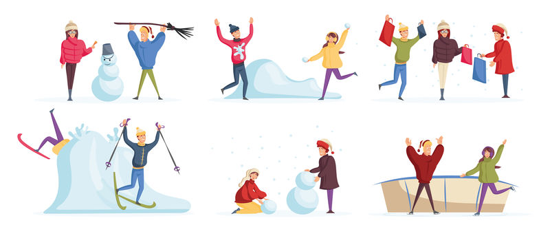 人们有冬季有趣的卡通人物集。冬季娱乐活动平面矢量插图包。快乐的朋友堆雪人，滑雪，玩雪球，购物和滑冰