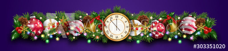 圣诞边界装饰花环与冷杉枝-时钟-饰品-球-金钟-冬青浆果-礼品盒和灯-紫色背景的圣诞节和新年贺卡的设计元素-矢量