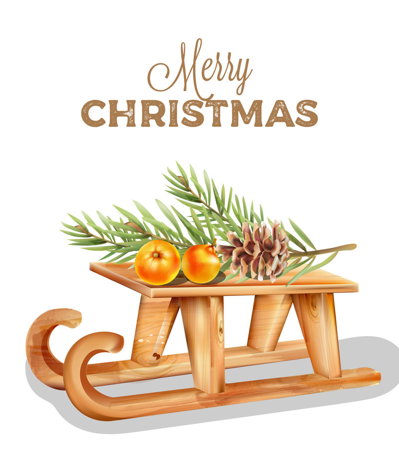 圣诞快乐的木制雪橇，上面有橘子果实