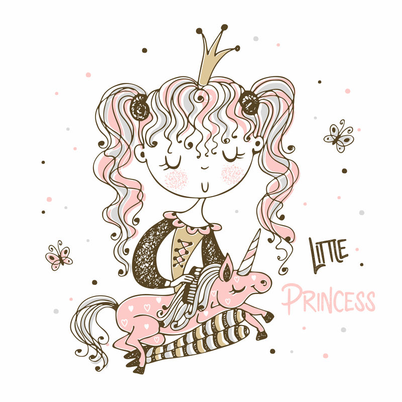 可爱的小公主梳着独角兽的鬃毛。矢量