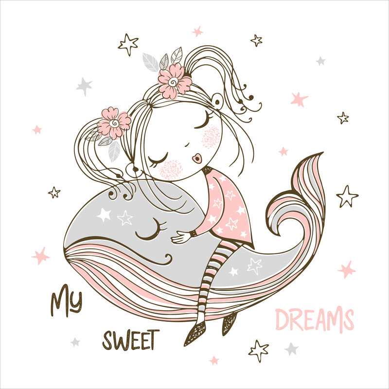可爱的女孩甜蜜地睡在一条神奇的鲸鱼上。美梦。矢量。