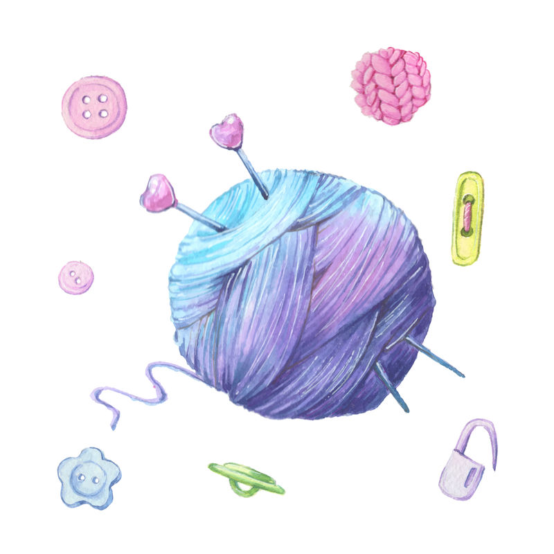 针织用的纱线球和针织品配件的水彩插图。矢量
