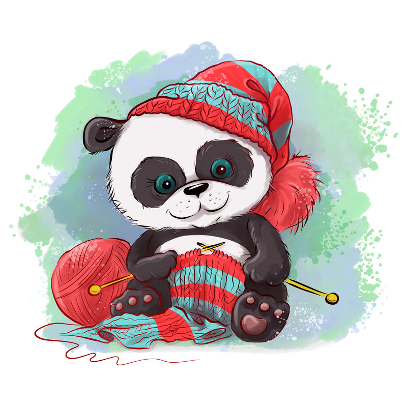 卡通水彩画熊猫织围巾。手绘针织品的商标。矢量图示