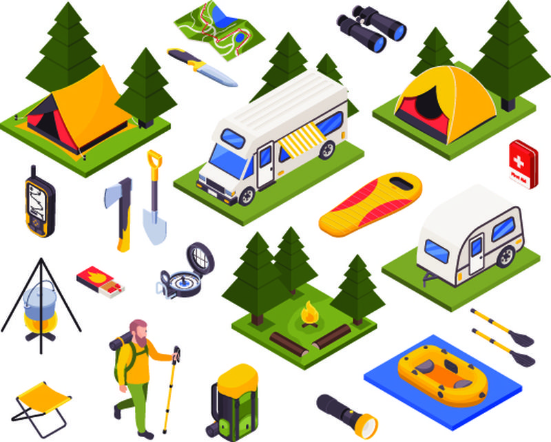 野营徒步旅行的等距图集-空白背景上有独立的图像-带面包车帐篷和装备矢量图