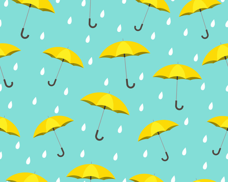 带雨滴矢量的黄色雨伞无缝图案