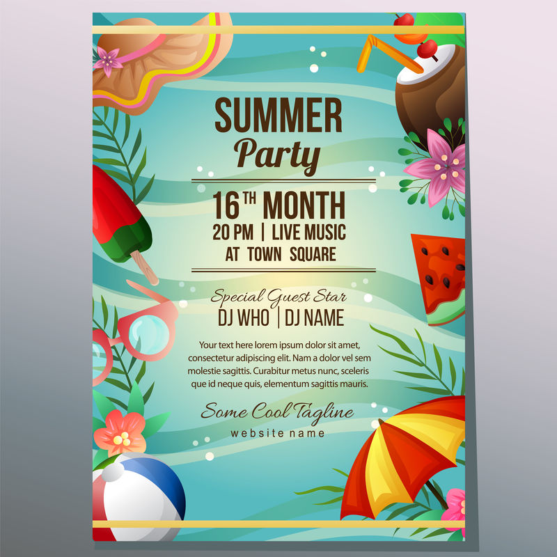 夏日聚会假日海报模板海滩沙伞物体矢量