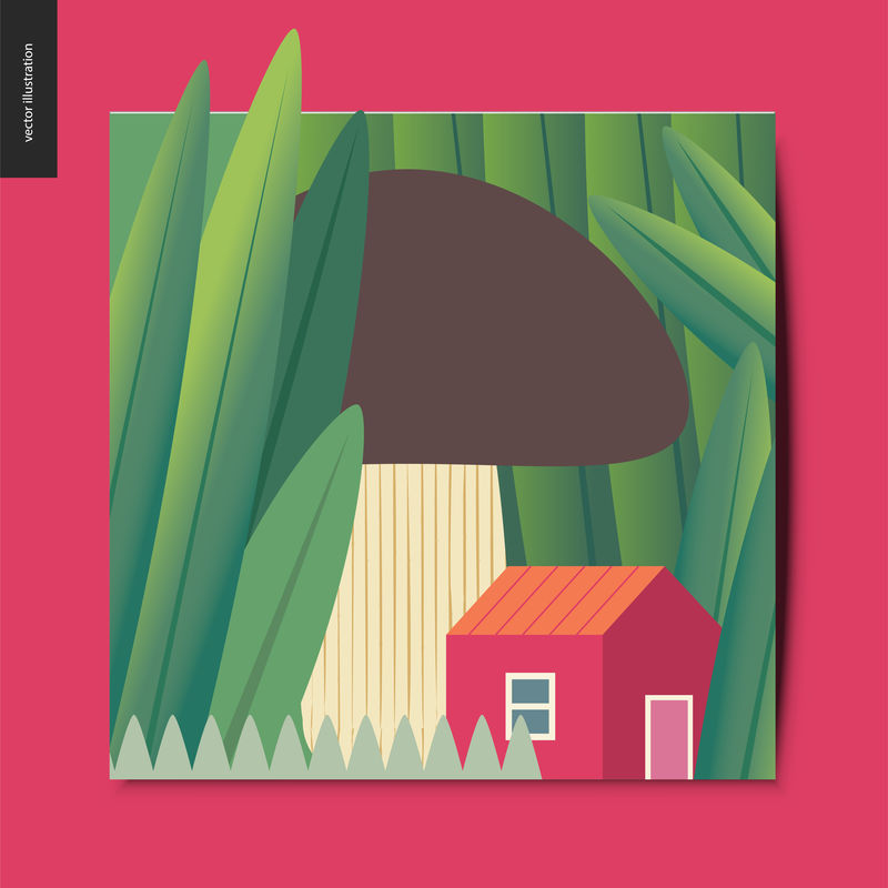 蘑菇下一个小红屋在巨大的草丛中生长的概念图