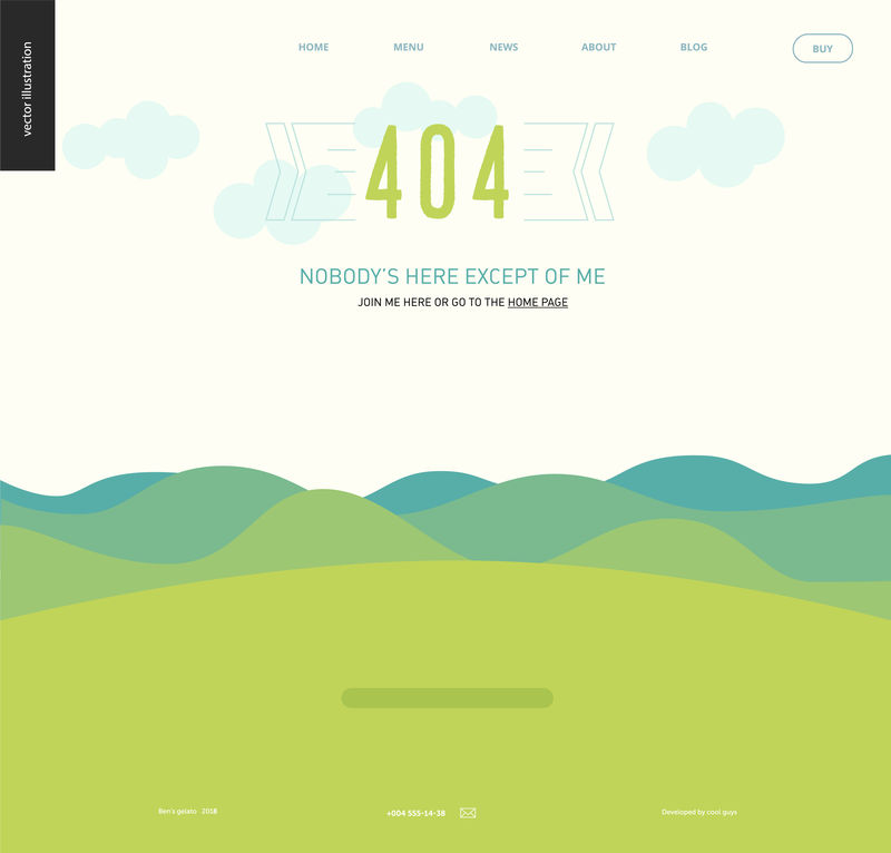 404错误网页模板-带青蓝色山丘的景观带云的晴空绿色草地矢量