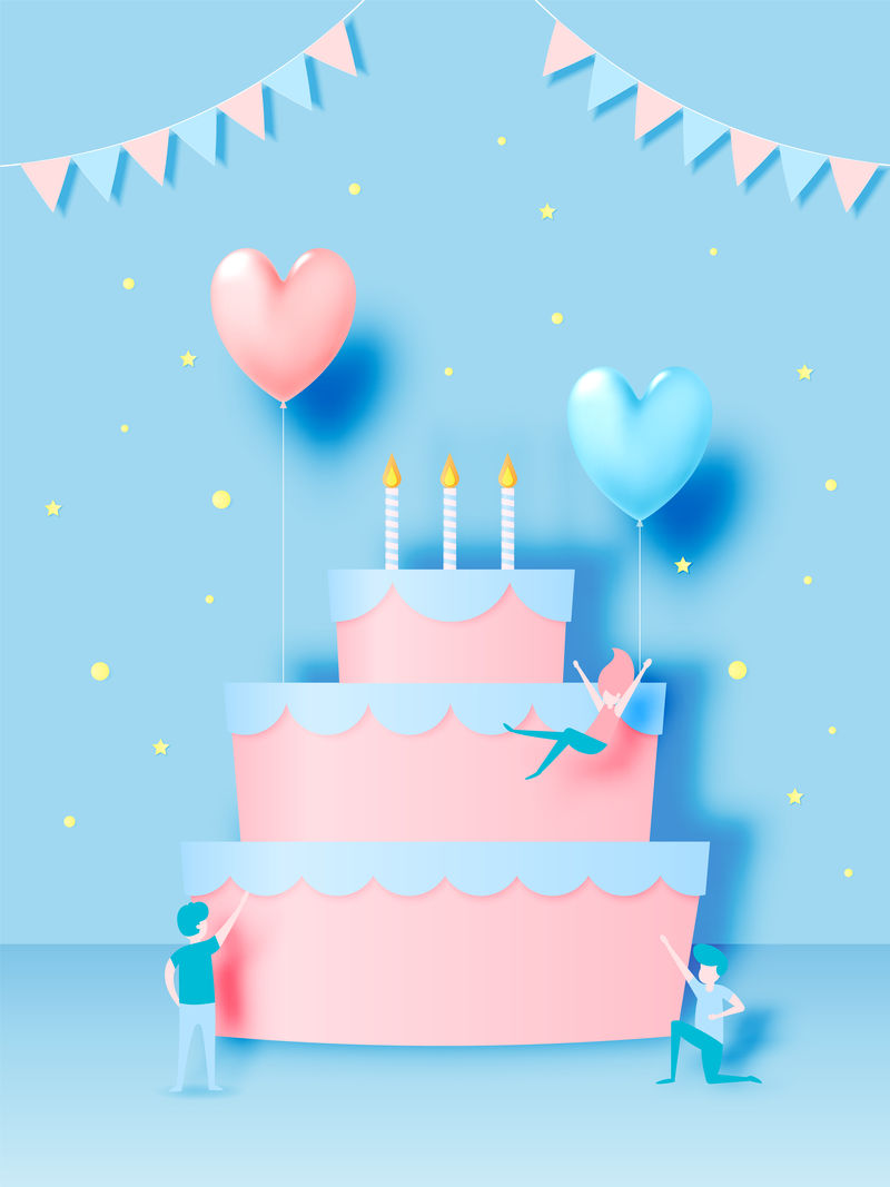 生日快乐蛋糕纸艺术风格和粉彩图案矢量插画矢量