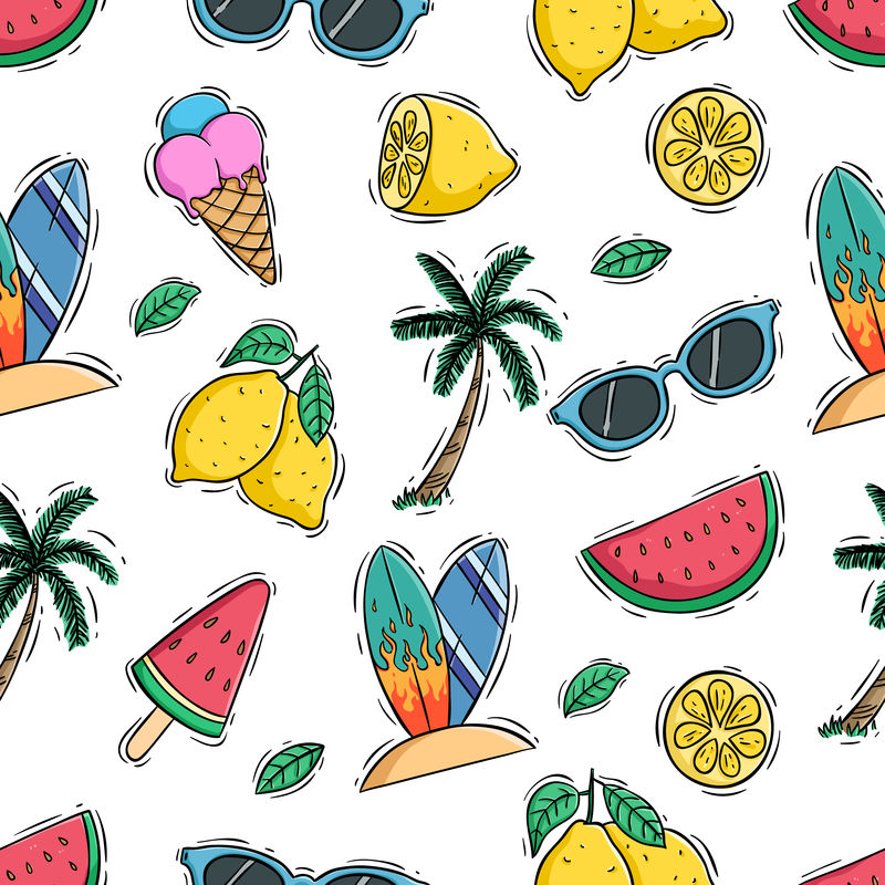 夏季柠檬西瓜和椰子树矢量无缝图案