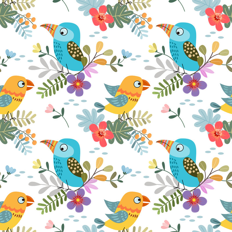 可爱的彩色鸟与热带叶无缝图案织物矢量