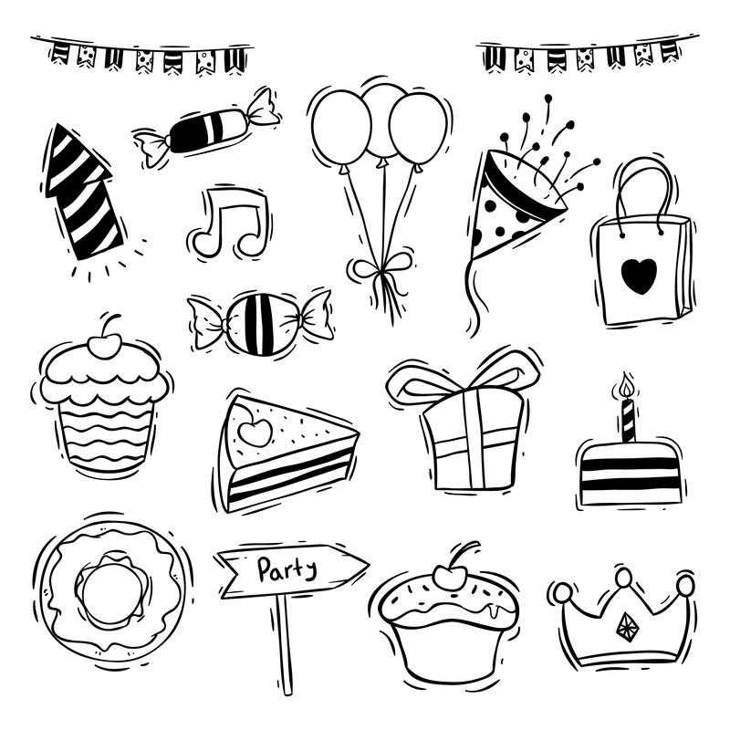 生日聚会图标集合带甜甜圈切片蛋糕和蛋糕矢量