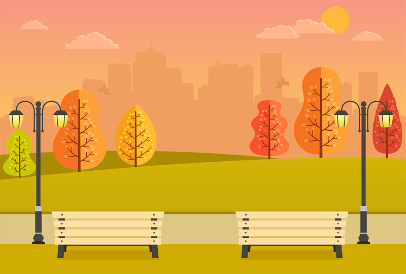 美丽的秋天公园有长椅黄橙树和矢量