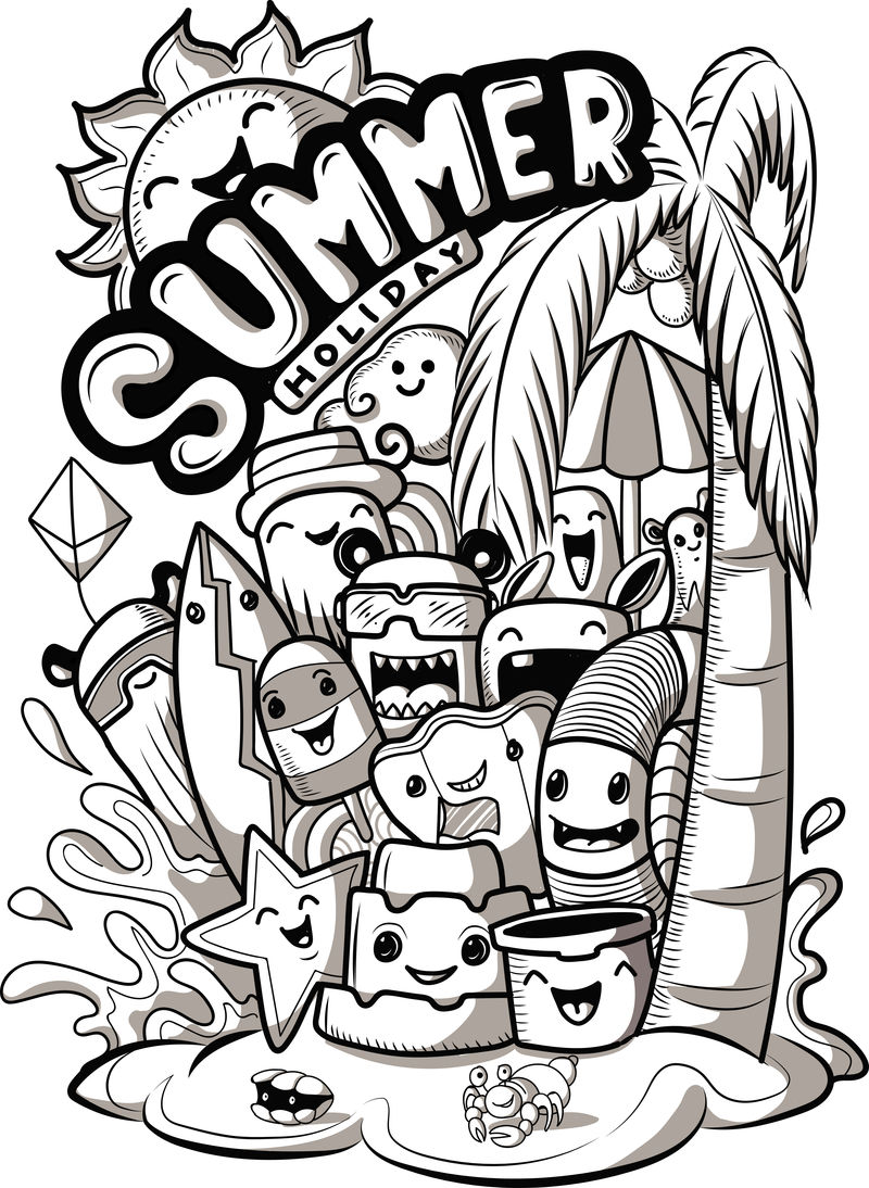 一组带有夏季元素矢量的涂鸦可爱怪物