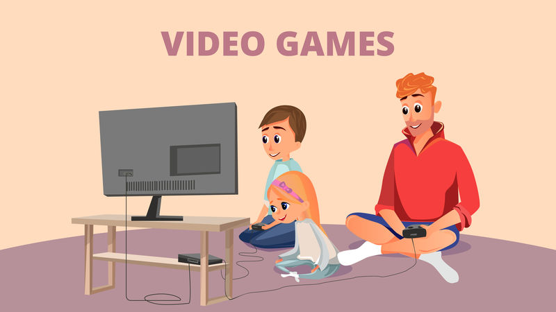 电子游戏横幅卡通父子女儿玩矢量