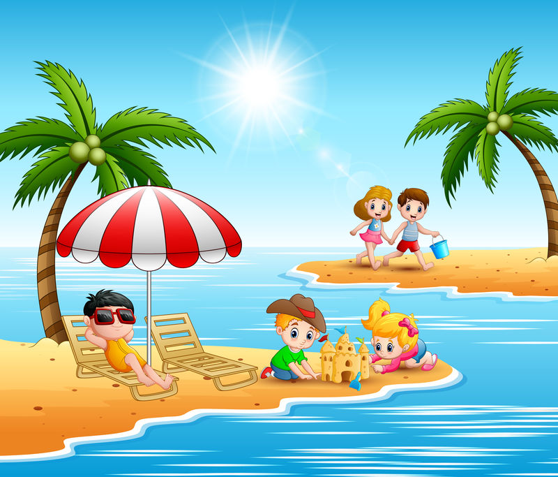 暑假在海滩上玩耍的孩子们